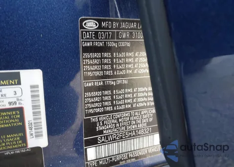 2017 Land Rover Range Rover Sport 5.0L V8 Supercharged/5.0L V8 Supercharged Dynamic из США, поврежденный, VIN SALWR2FE5HA148321